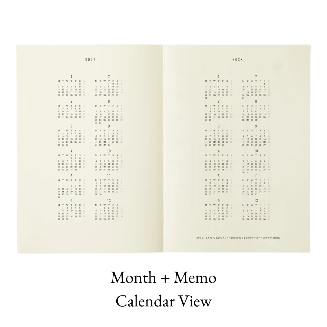 Midori 2027 MD Notebook Diary THIN - Monthly Calendar Planner + Memo (Grid) - A5 / A4