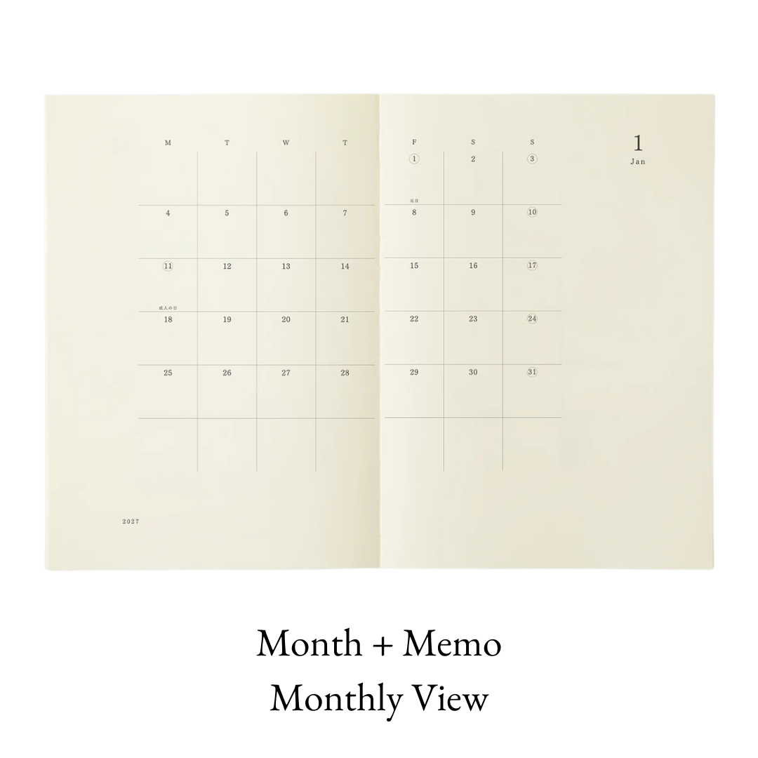Midori 2027 MD Notebook Diary THIN - Monthly Calendar Planner + Memo (Grid) - A5 / A4