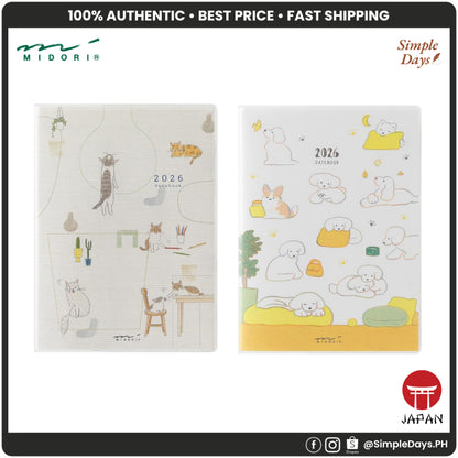 Midori 2026 POCKET Diary (A6) - Dog / Cat - Weekly Horizontal Planner Notebook w/ Transparent Cover