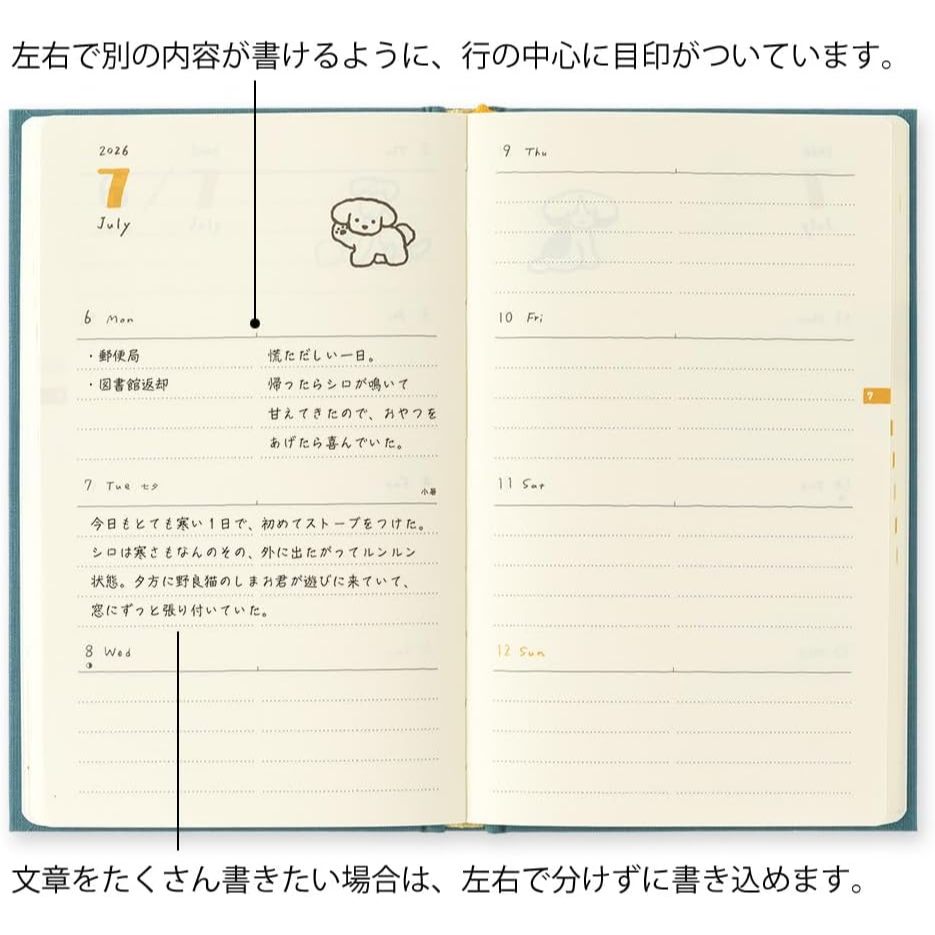 Midori 2026 Weekly Planner Horizontal - B6 - Cat / Dog - Book Style Diary Hard Cover Notebook
