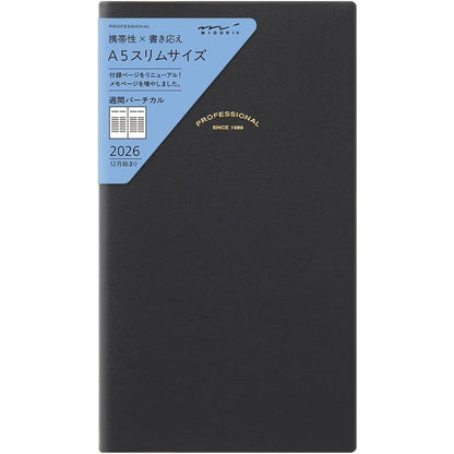 Midori 2026 Professional Diary (A5 Slim) - Weekly Vertical Planner Notebook with Monthly Pages