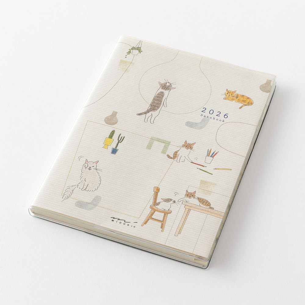 Midori 2026 POCKET Diary (A6) - Dog / Cat - Weekly Horizontal Planner Notebook w/ Transparent Cover