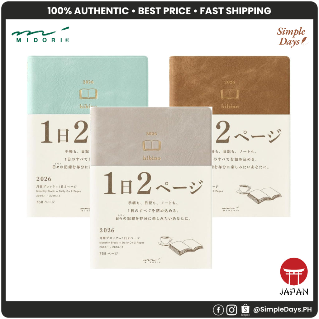 Midori Hibino 2026 (A6) - 2 Page Per Day - Daily Notebook Planner Diary Journal